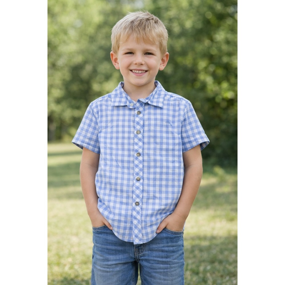 Tommy Bahama Boys SZ‎ 7-8 Blue White Gingham Cotton Button Up Shirt Short Sleeve
